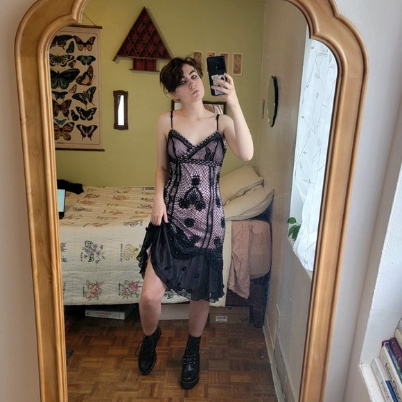 Y2K Sue Wong Slip Dress crochet beaded silk floral lace - Picture 6 of 11